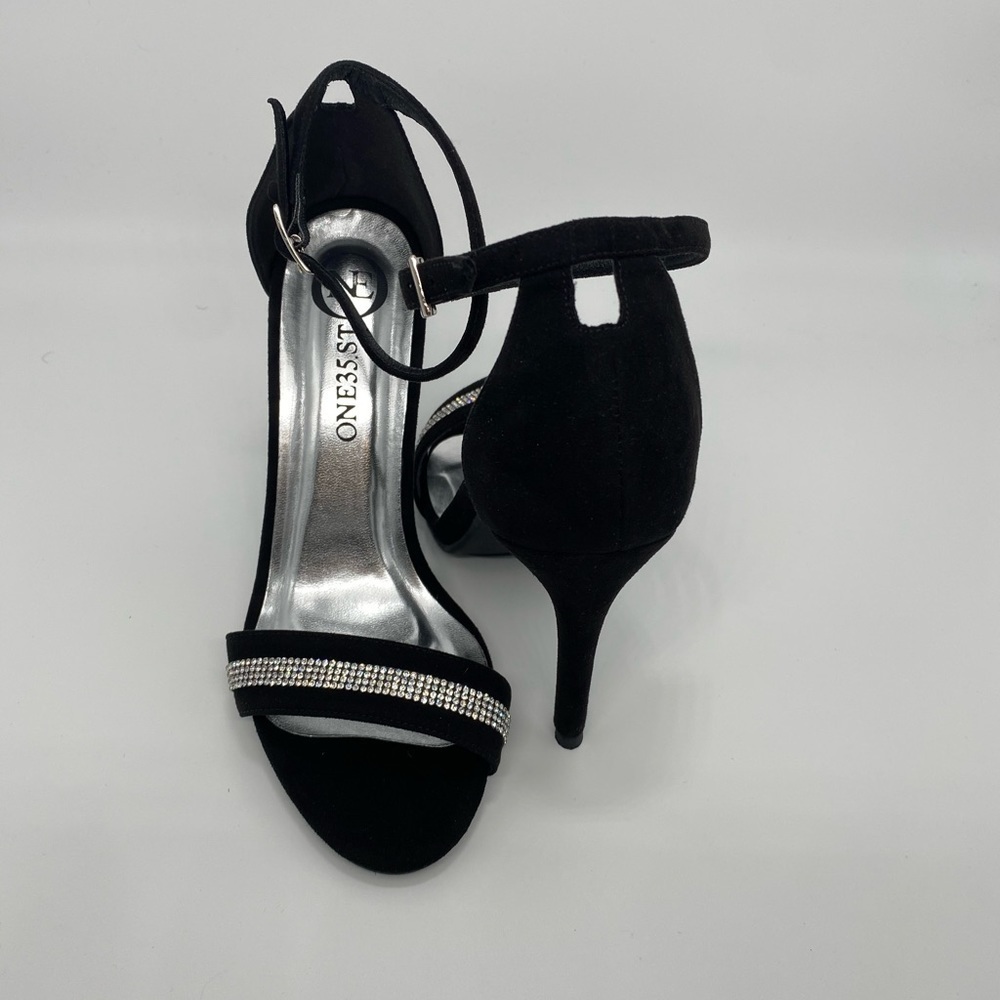 SPARKLY BLACK VEGAN SUEDE ANKLE STRAP HIGH HEEL SANDALS SIZE#36